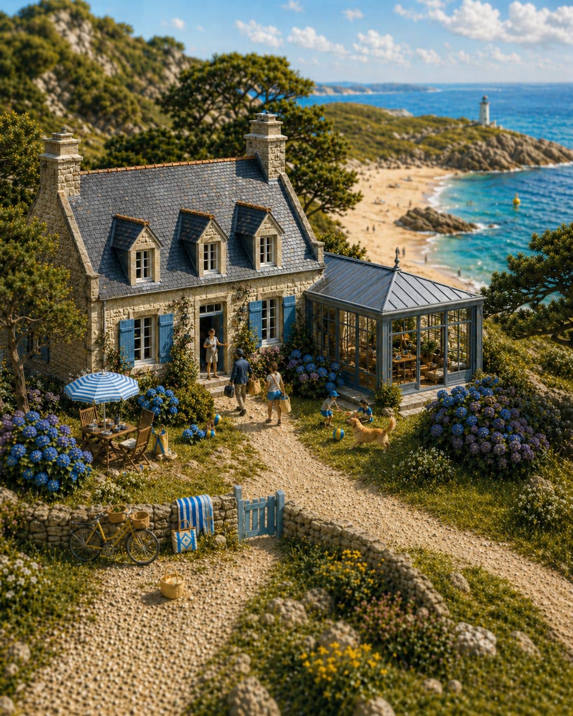 Maison en pierre bretonne avec véranda face à la mer