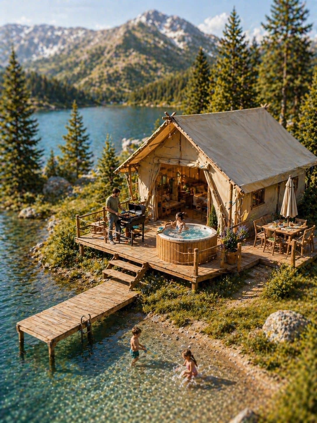 Tente glamping au bord d'un lac alpin avec vue sur la montagne