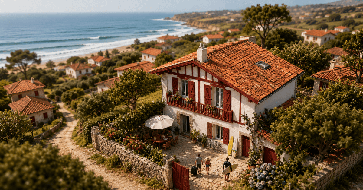 Village côtier du Pays basque vu du ciel, maison basque et plage, voyageurs arrivant pour une location de vacances, Location-Direct