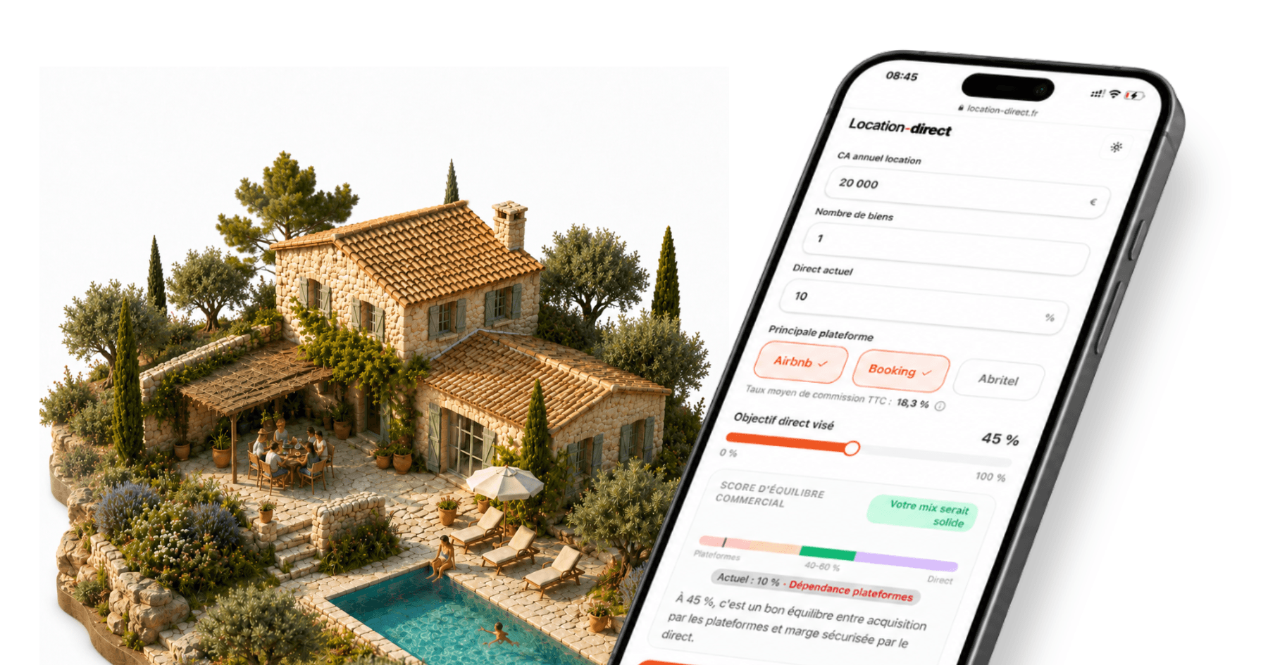 Mas provençal en pierre avec piscine et jardin méditerranéen vu du ciel, à côté du calculateur de commission Location-Direct sur mobile
