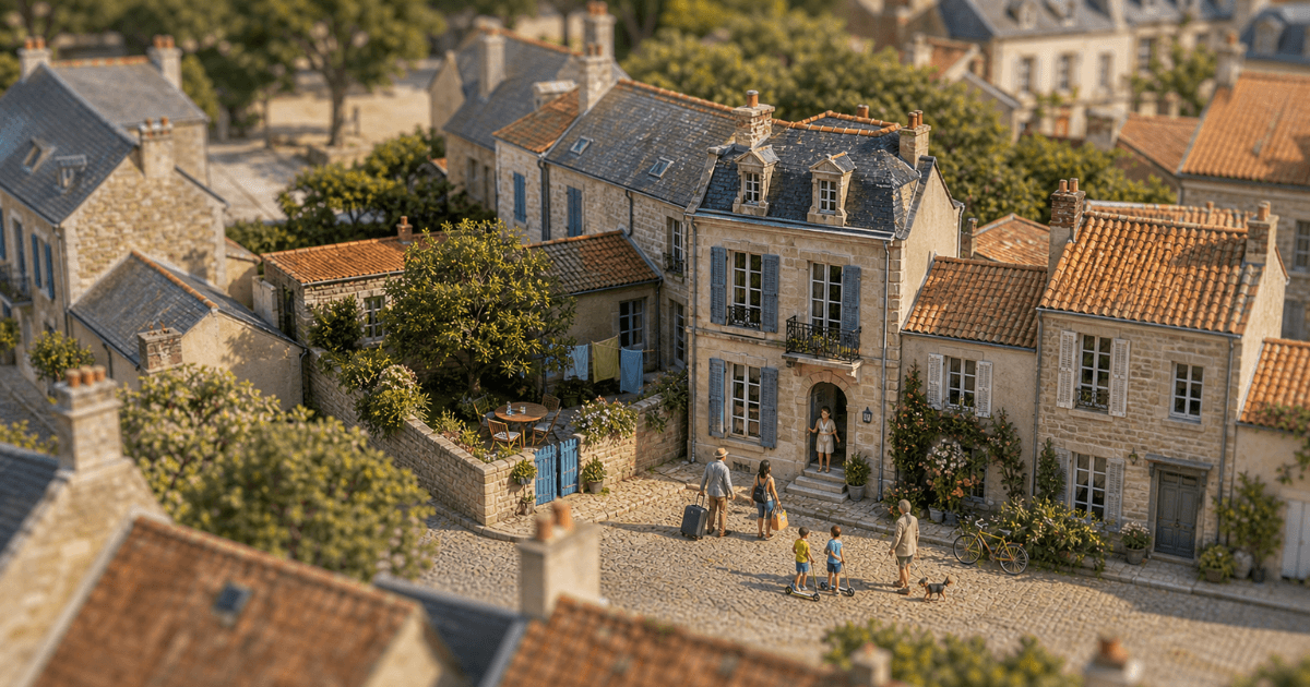 Village de pierre aux ruelles pavées, voyageurs avec valises arrivant devant une maison d'hôtes, Location-Direct