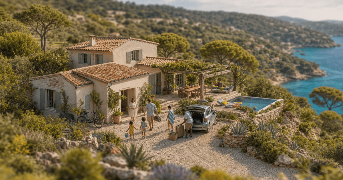 Villa méditerranéenne face à la mer, famille déchargeant la voiture pour un séjour, Location-Direct