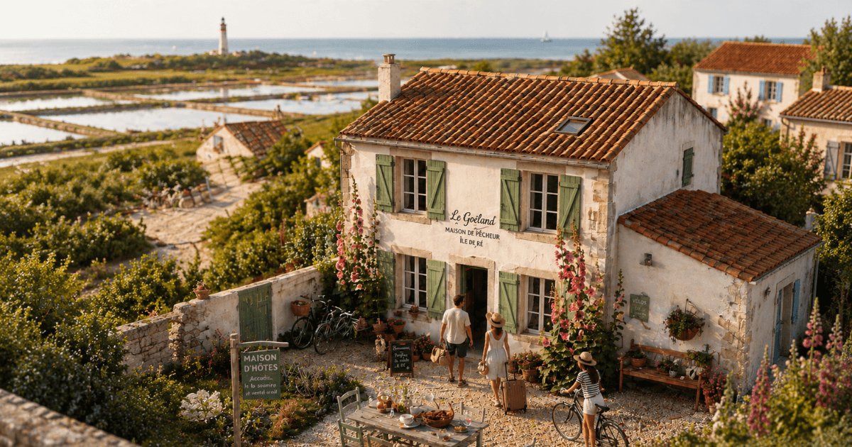 Maison de pêcheur de l'île de Ré vue du ciel, maison d'hôtes identifiable au bord des marais salants, Location-Direct