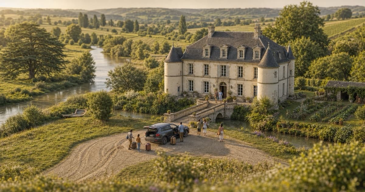 Gentilhommière à tourelles au bord d'une rivière de campagne, famille de voyageurs déchargeant les valises de la voiture, Location-Direct