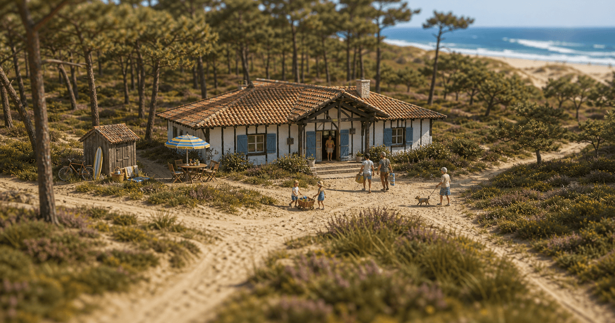 Villa landaise aux volets bleus dans les dunes face à l'océan, famille arrivant pour un séjour, Location-Direct