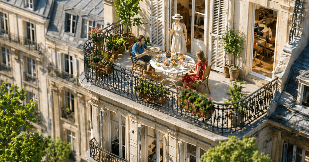 Balcon haussmannien parisien fleuri en été, voyageurs au petit-déjeuner, location de vacances en direct, Location-Direct