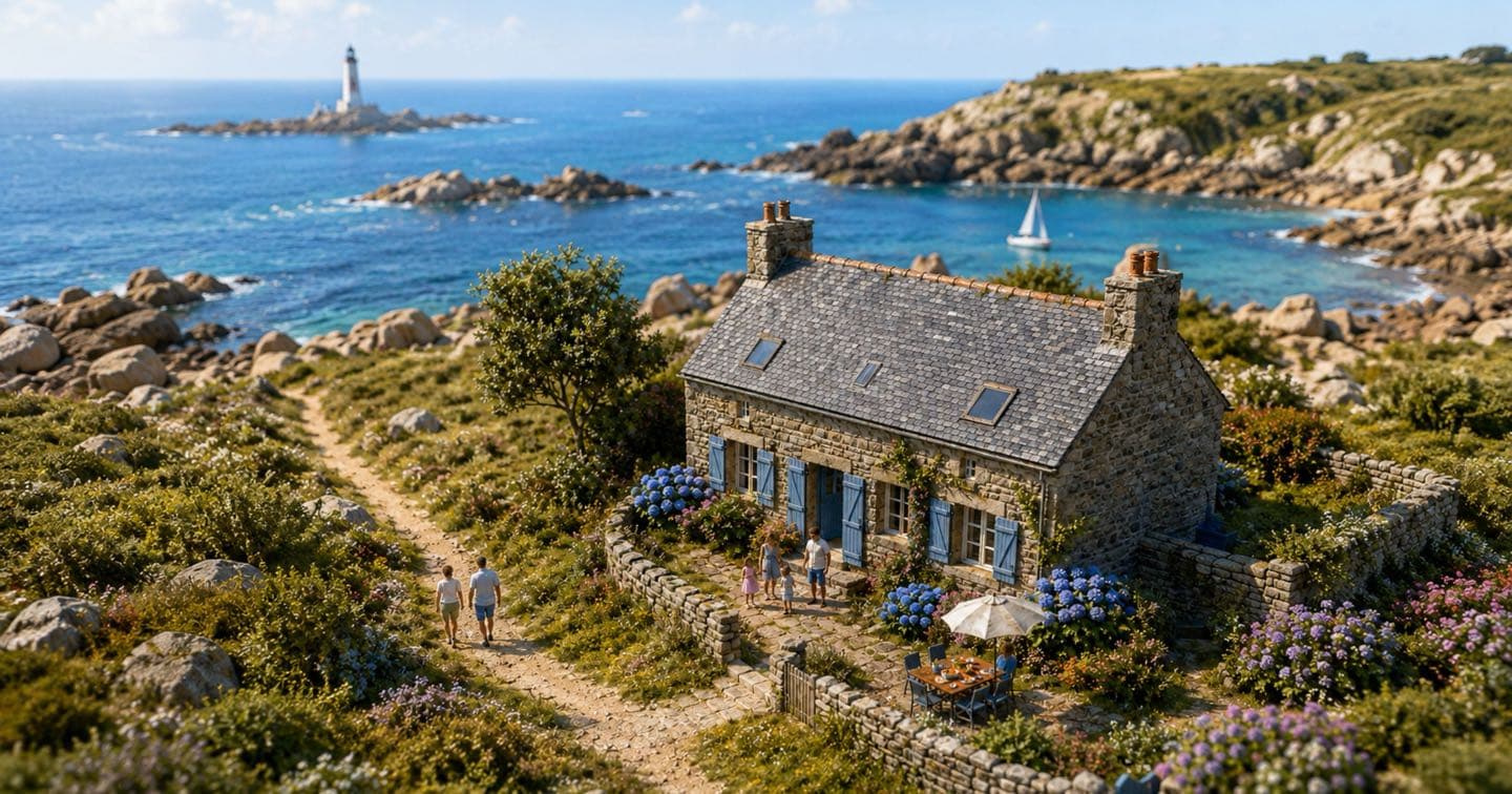 Maisons de vacances en bord de mer vues du ciel en Bretagne, Location-Direct