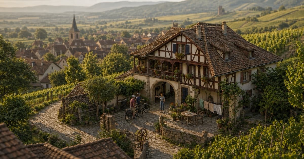 Maison alsacienne à colombages au milieu des vignes, deux voyageurs à vélo accueillis par la propriétaire, Location-Direct