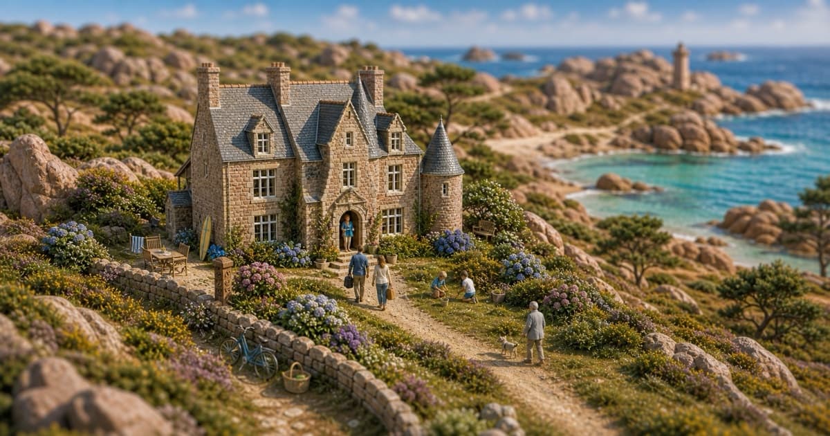 Manoir breton en granit face à une crique turquoise de la côte de granit rose, famille de voyageurs arrivant à pied, Location-Direct