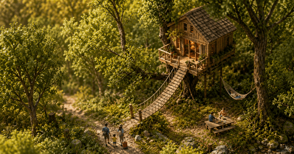 Cabane perchée dans les arbres reliée par une passerelle, famille arrivant pour un séjour en pleine nature, Location-Direct