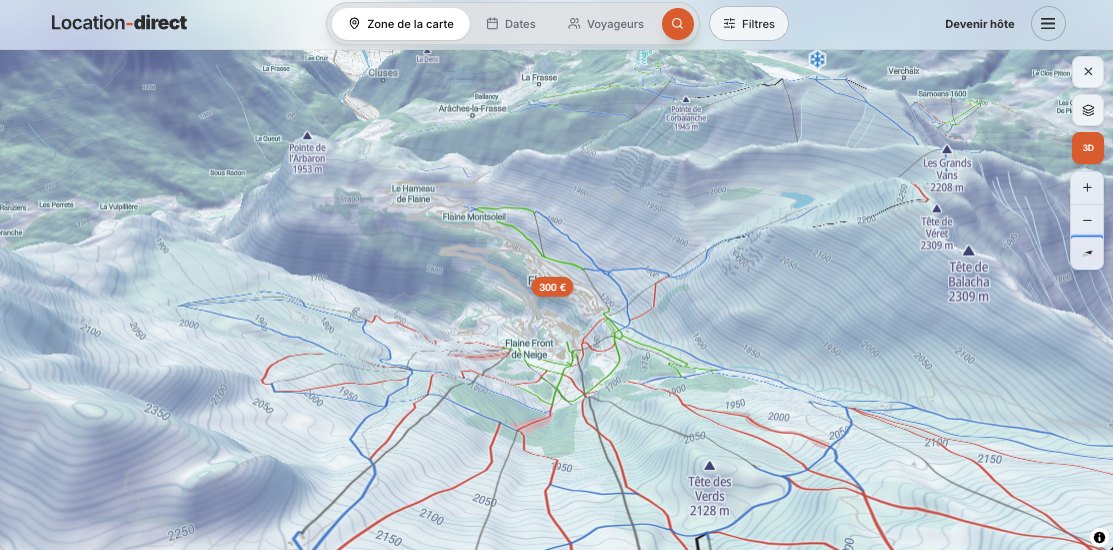 Recherche Location-Direct sur la carte en style Hiver et en 3D : le domaine de Flaine, ses pistes et un logement à 300 euros